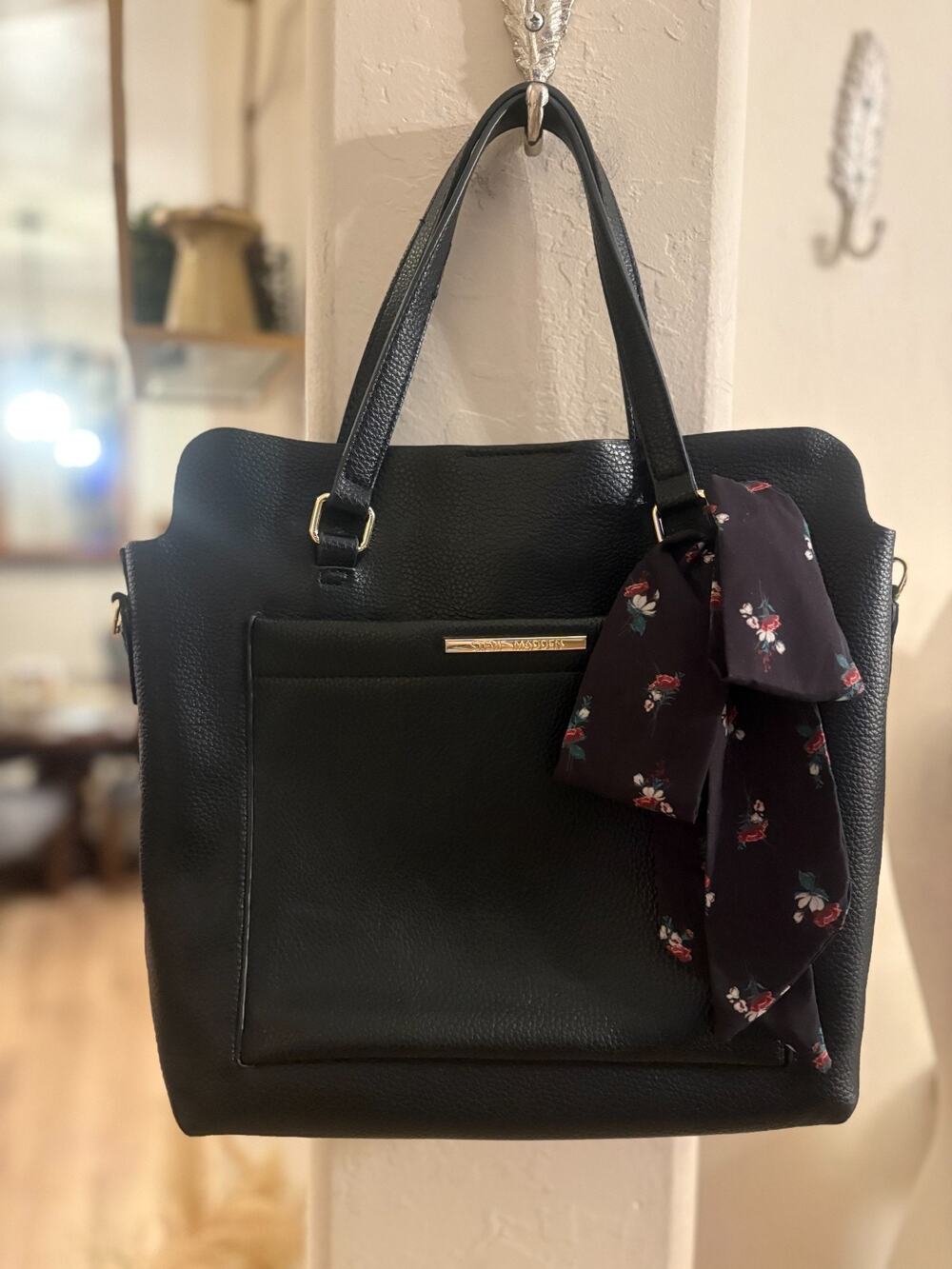 Steve Madden Satchel Black Pebbled Faux Leather Handbag Floral Scarf Gold
